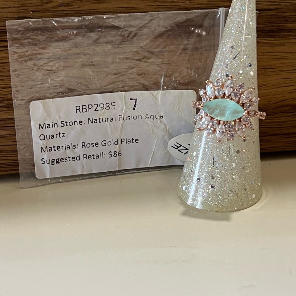 Ring Bomb Party Natural Fusion Aqua Quartz on Rose Gold Size 7